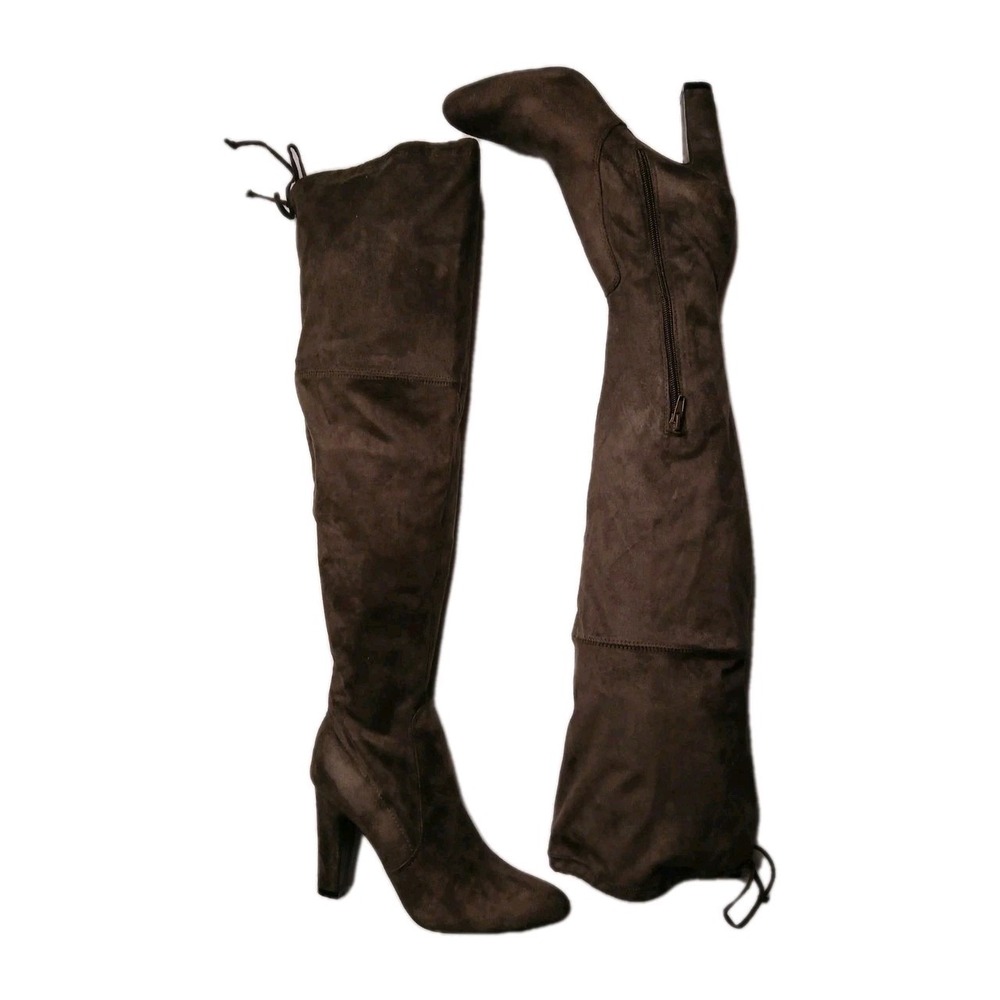 Women Mid- Thigh Pointed Toe Chunky 4' Block Heel Boots Size 7.5 M Sleek‎ #1514